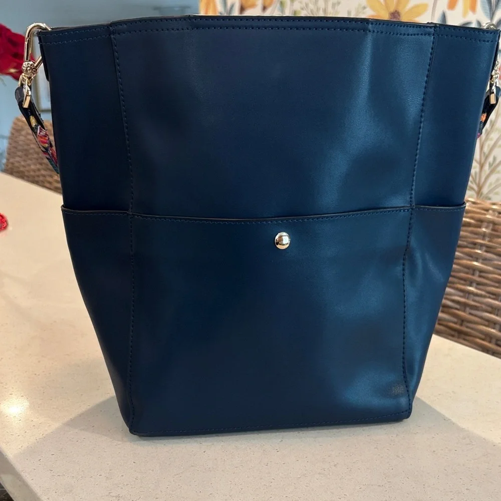 Bostanten Lotty Leather Hobo Bag in Navy Blue with Colorful Strap - Picture 5 of 14